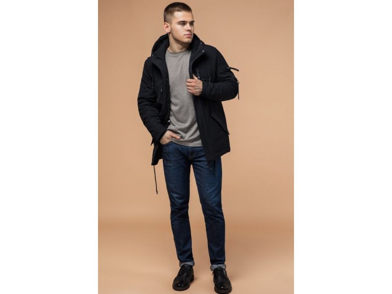 Черная парка зимняя мужская с фирменной нашивкой модель 4553, фото 3