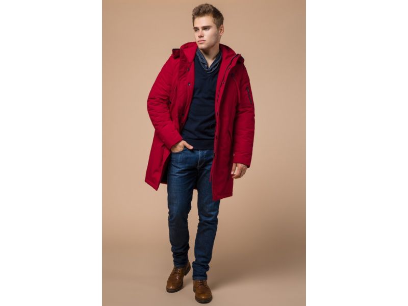 Мужская красная парка зимняя с прорезными карманами модель 23675, фото 3