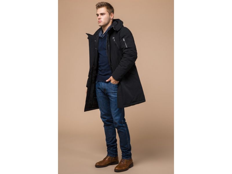 Парка черная зимняя мужская с ветрозащитной планкой модель 23675, фото 3