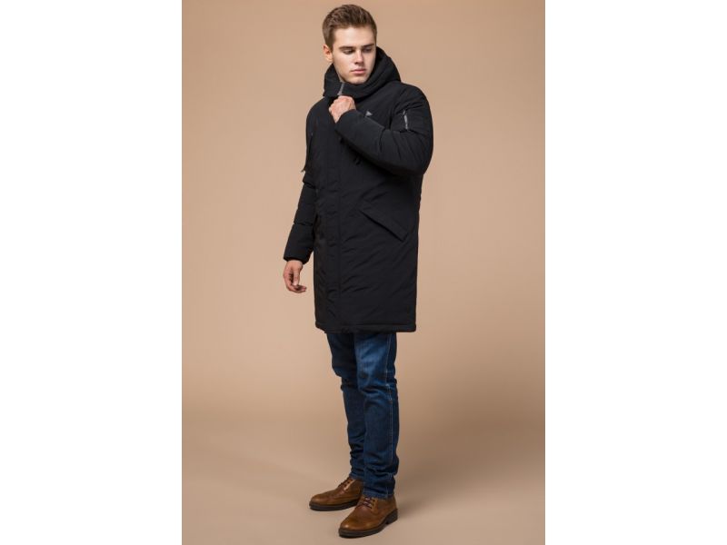 Парка черная зимняя мужская с ветрозащитной планкой модель 23675, фото 2