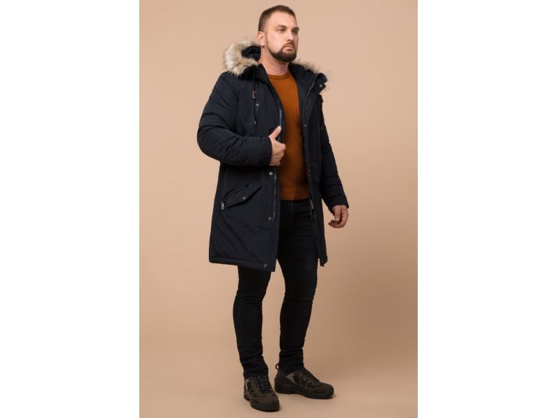 Парка мужская черно-синяя зимняя с капюшоном модель 26620, фото 3