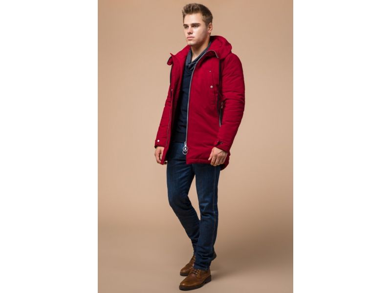Красная парка зимняя мужская с двухходовой молнией модель 28431, фото 3