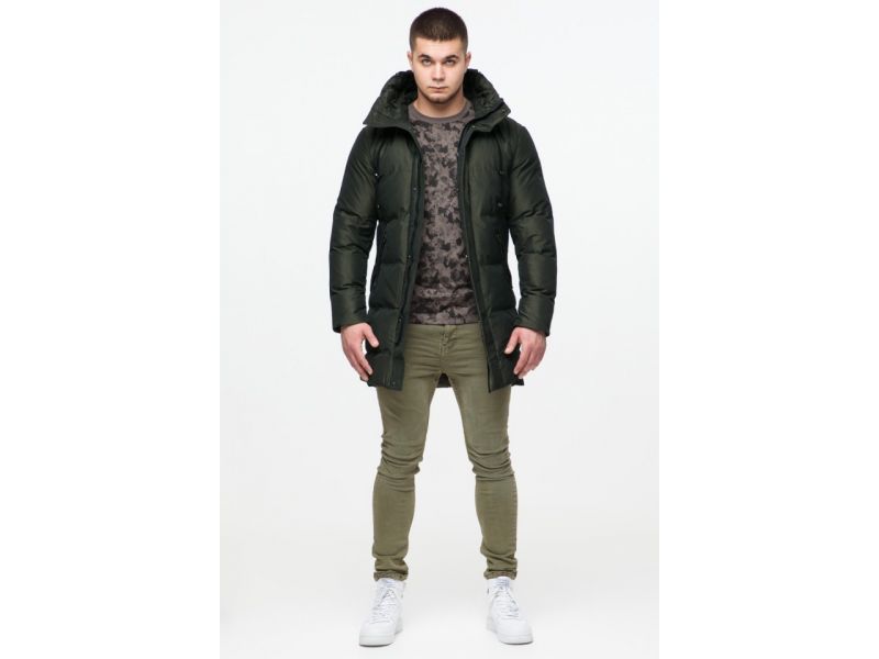 Комфортная мужская молодежная темно-зеленая дизайнерская куртка зимняя модель 25340, фото 3
