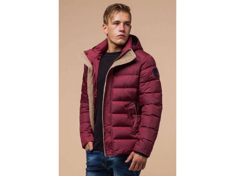 Куртка бордового цвета зимняя на молнии мужская модель 20849, фото 3