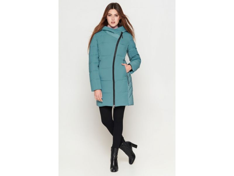 Молодежный зеленый пуховик женский на зиму модель 25085, фото 2