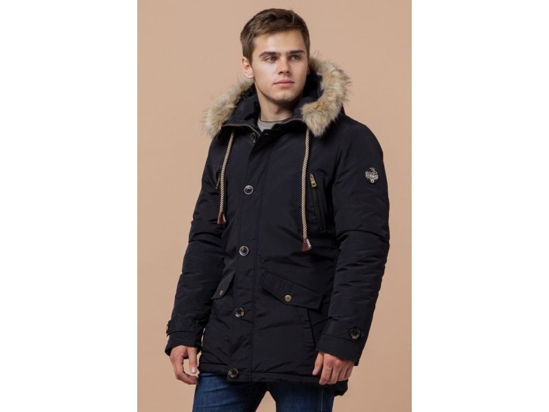 Мужская черная парка зимняя с воротником модель 38950, фото 3