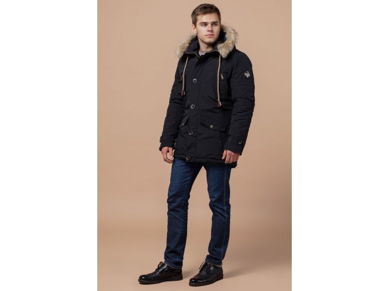 Мужская черная парка зимняя с воротником модель 38950, фото 2