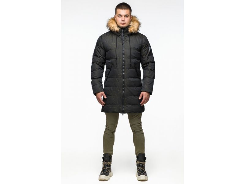 Куртка молодежная мужская дизайнерская зимняя темно-зеленого цвета модель 25410, фото 2