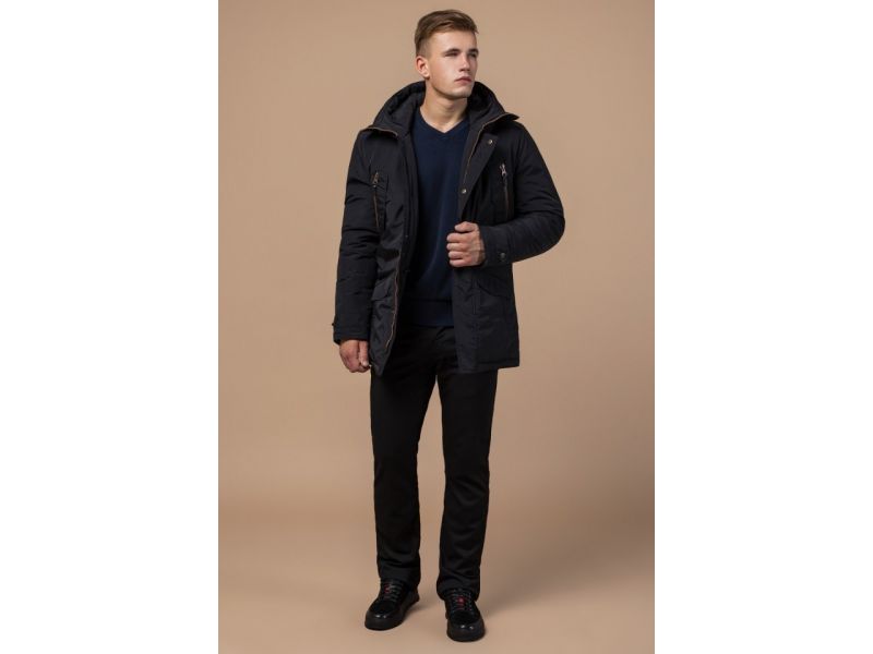 Мужская парка черная зимняя с кулиской модель 48560, фото 3