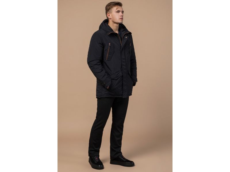 Мужская парка черная зимняя с кулиской модель 48560, фото 2