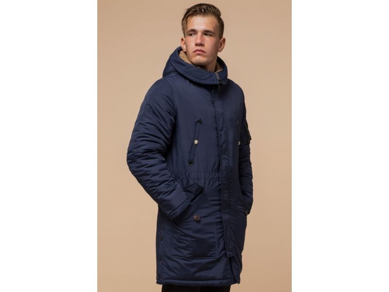 Синяя парка мужская зимняя с накладными карманами модель 90520, фото 3