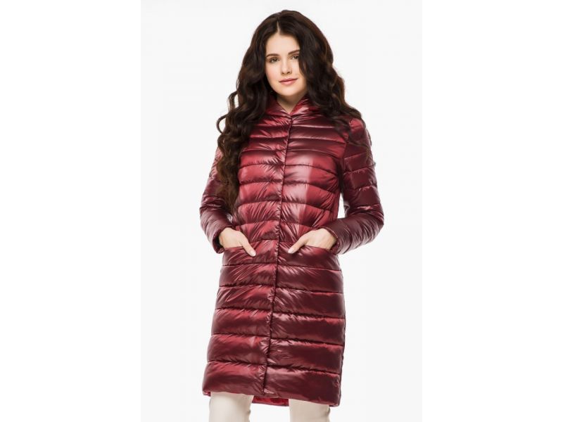 Осенне-весенний длинный воздуховик женский цвет кармин модель 18225, фото 4