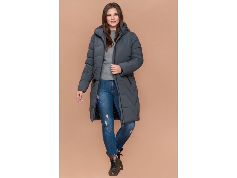 Пуховик большого размера женский зимний серо-зеленый модель 25525, фото 3
