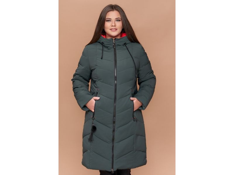 Пуховик женский большого размера зимний серо-зеленый модель 25695, фото 4