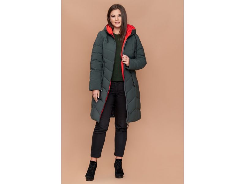 Пуховик женский большого размера зимний серо-зеленый модель 25695, фото 3