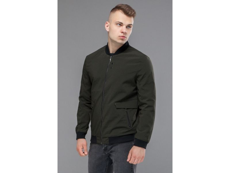 Короткий темно-зеленый мужской молодежный бомбер осенне-весенний модель 32488, фото 4