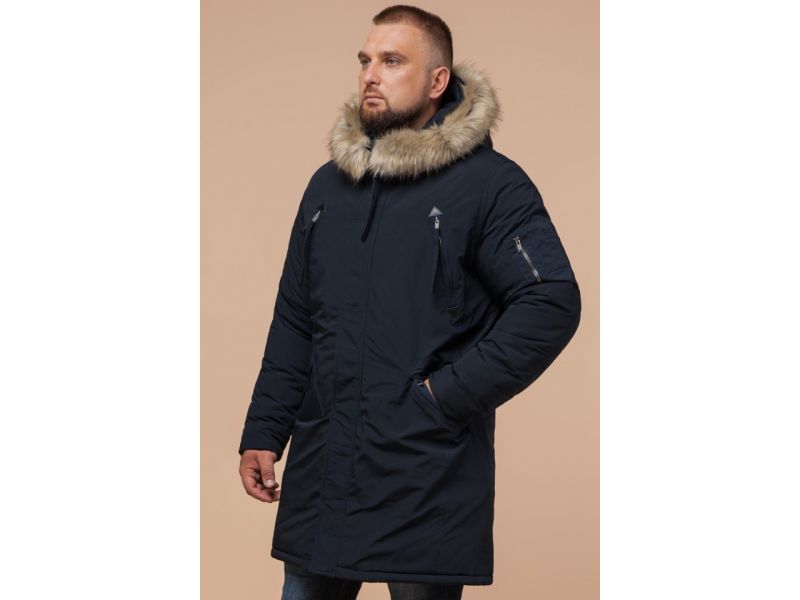 Темно-синяя зимняя мужская парка с карманами модель 13475, фото 4