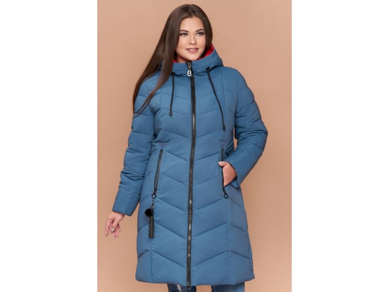 Пуховик темно-голубой большого размера на зиму женский модель 25695, фото 4