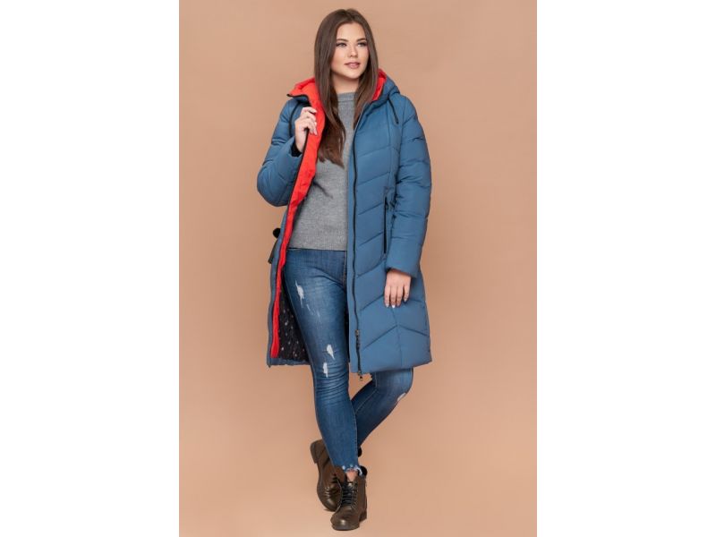 Пуховик темно-голубой большого размера на зиму женский модель 25695, фото 3