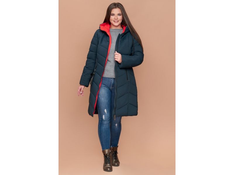 Пуховик темно-зеленый большого размера на зиму женский модель 25695, фото 3