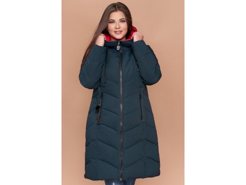 Пуховик темно-зеленый большого размера на зиму женский модель 25695, фото 4