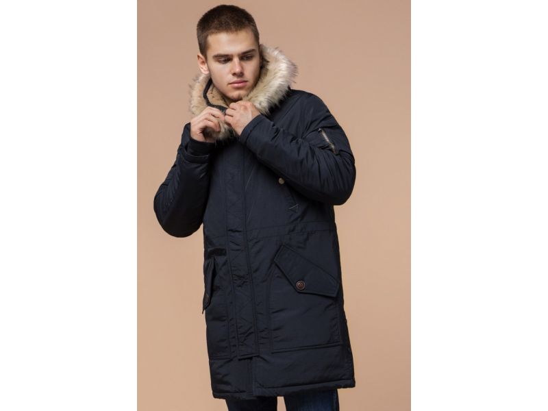 Зимняя парка черно-синяя мужская прямого силуэта модель 91127, фото 4