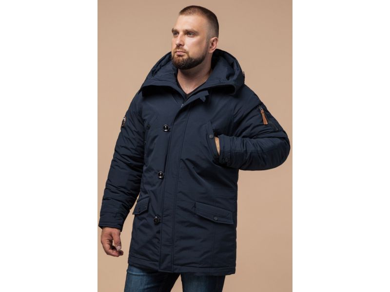 Темно-синяя парка мужская зимняя с ветрозащитной планкой модель 2694, фото 4