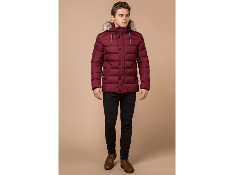 Бордовая зимняя куртка с меховой опушкой мужская модель 16115, фото 4