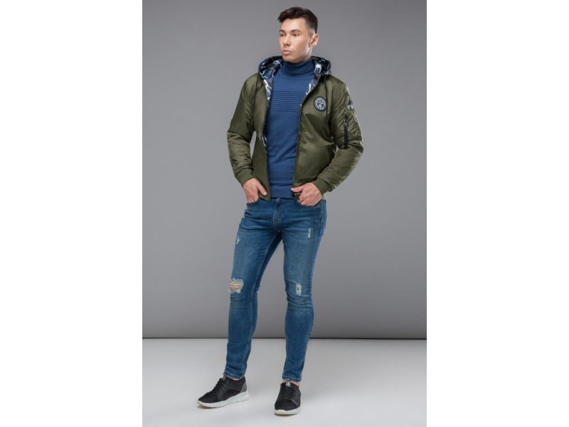 Бомбер двусторонний мужской молодежный осенне-весенний цвета хаки модель 32898, фото 4