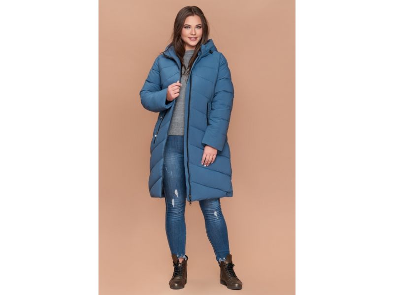 Женский пуховик зимний большого размера темно-голубой модель 25015, фото 3