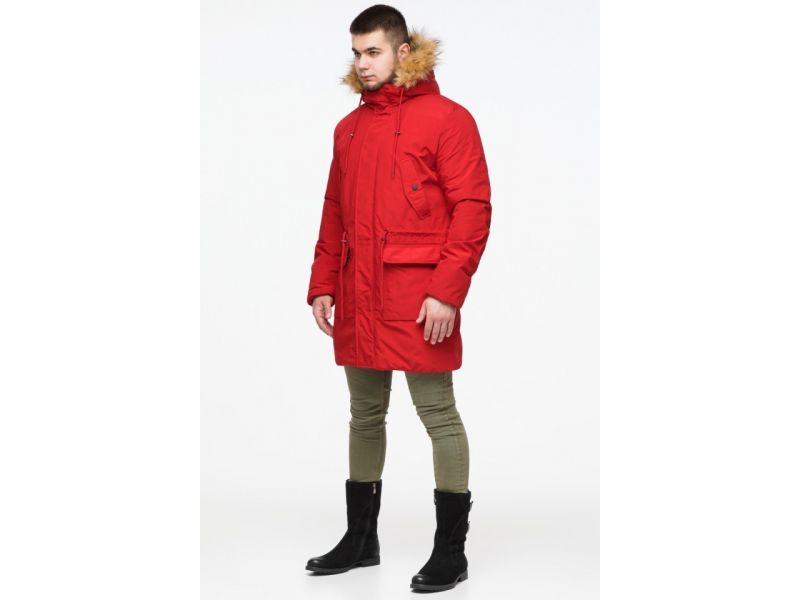 Молодежная мужская красная зимняя парка с карманами модель 25690, фото 4