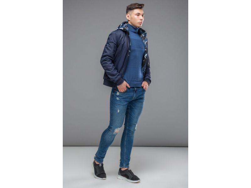 Темно-синий двусторонний бомбер осенне-весенний мужской молодежный модель 32898, фото 4