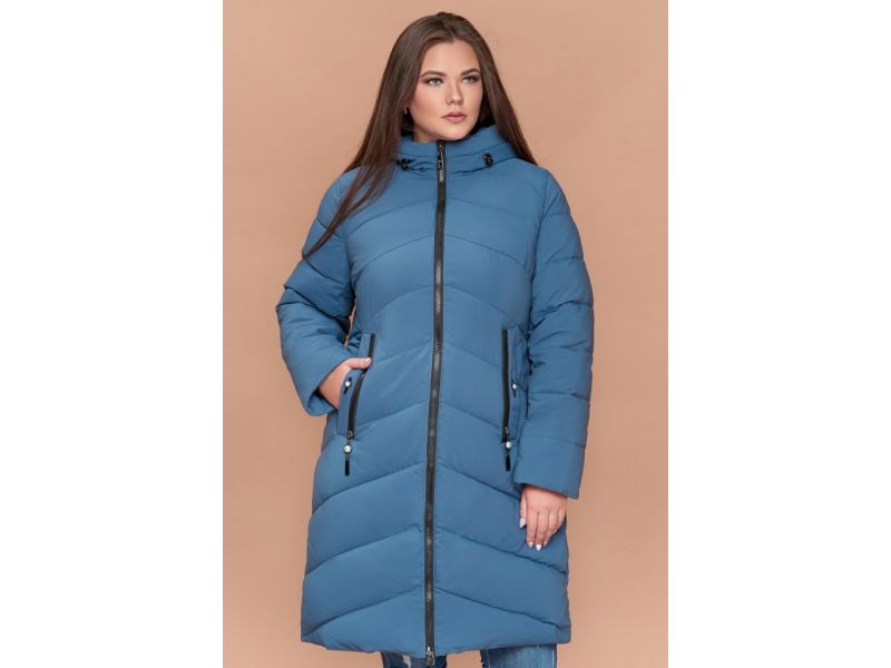 Женский пуховик зимний большого размера темно-голубой модель 25015, фото 4