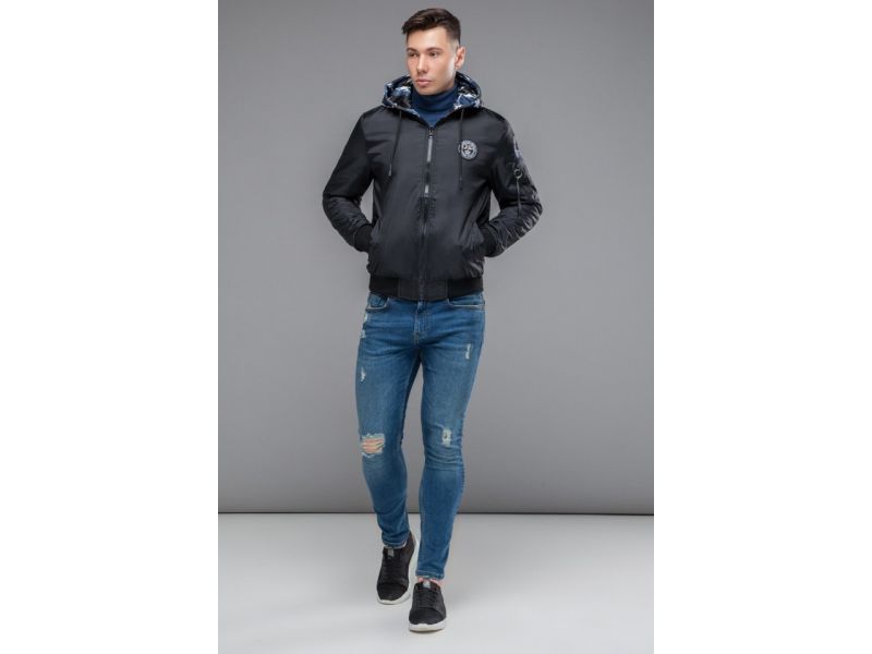 Черный мужской осенне-весенний двусторонний бомбер молодежный модель 32898, фото 4