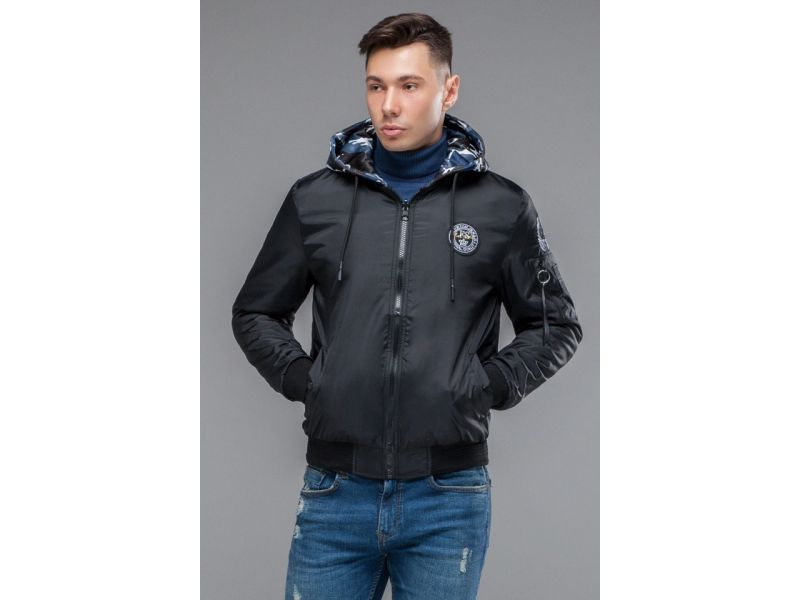 Черный мужской осенне-весенний двусторонний бомбер молодежный модель 32898, фото 5