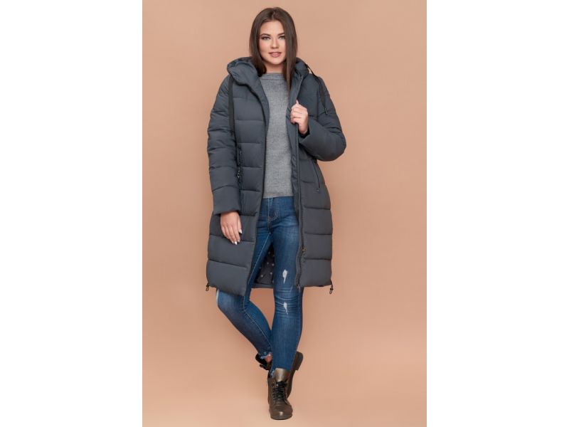 Женский зимний пуховик большого размера серо-зеленого цвета модель 25045, фото 3
