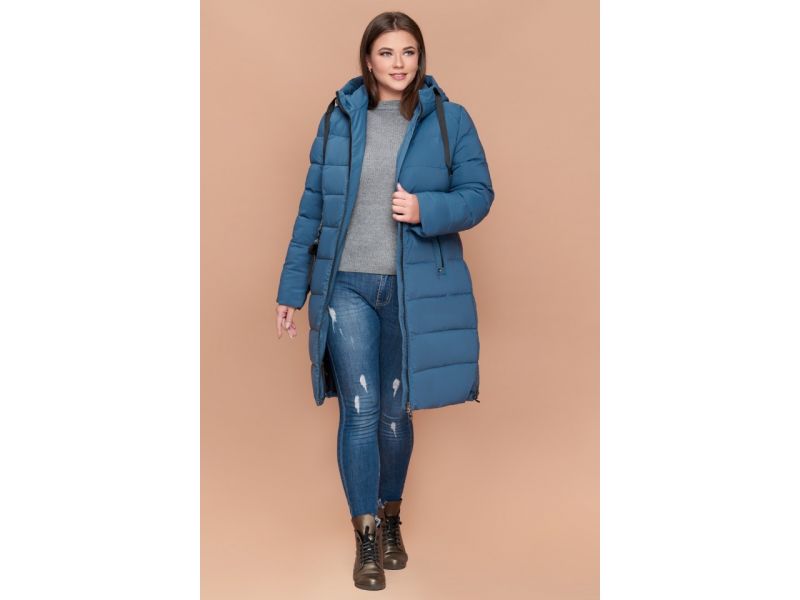 Женский зимний пуховик темно-голубой большого размера модель 25045, фото 3