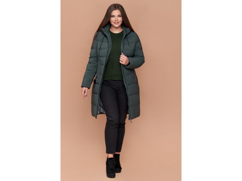 Серо-зеленый пуховик большого размера на зиму женский модель 25095, фото 3