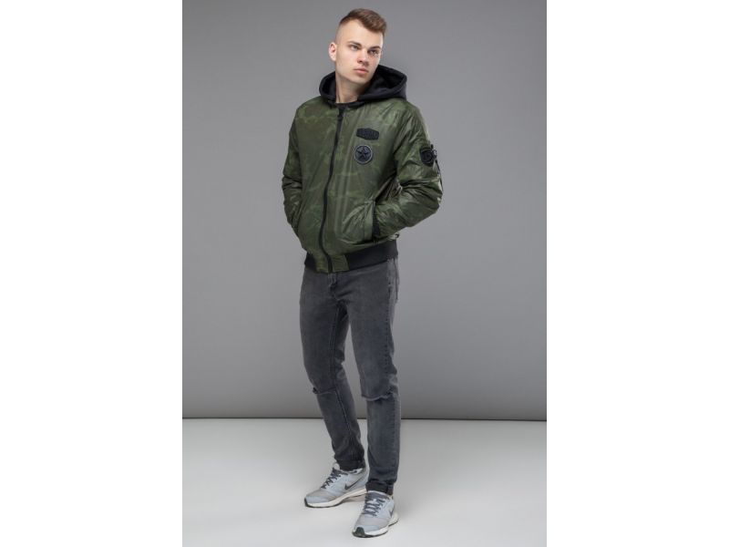 Зеленый осенне-весенний молодежный бомбер для мужчин модель 14262, фото 4