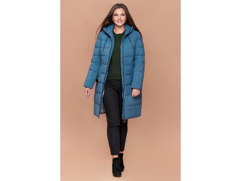 Темно-голубой пуховик зимний большого размера женский модель 25095, фото 3
