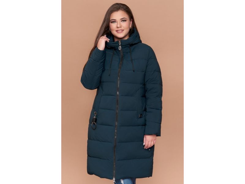 Темно-зеленый женский пуховик большого размера на зиму модель 25095, фото 4