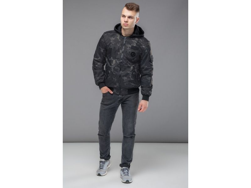 Легкий мужской осенне-весенний бомбер молодежный цвет черный-хаки модель 14262, фото 4