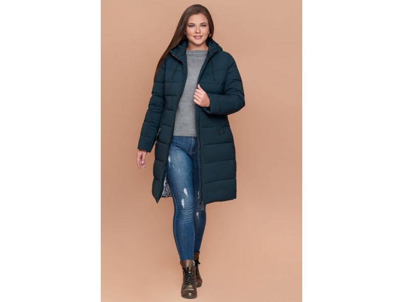 Темно-зеленый женский пуховик большого размера на зиму модель 25095, фото 3