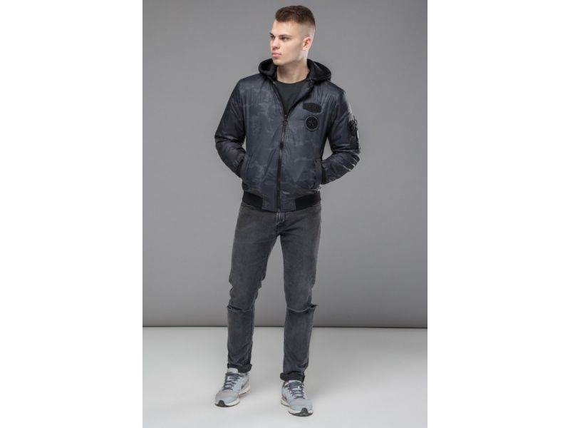 Молодежный черно-серый осенне-весенний бомбер мужской модель 14262, фото 4