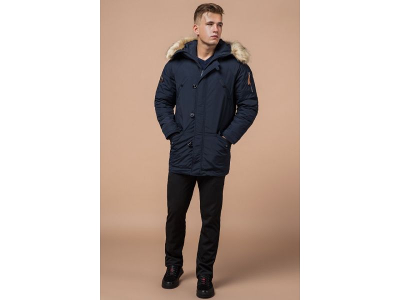 Темно-синяя мужская зимняя парка с меховой опушкой модель 3986, фото 4