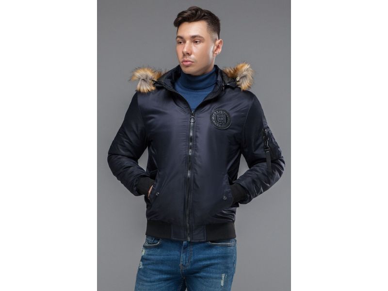Темно-синий мужской молодежный бомбер осенне-весенний с опушкой модель 46575, фото 4