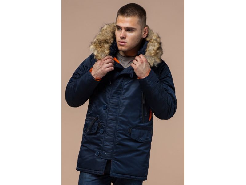 Зимняя темно-синяя парка мужская с яркой подкладкой модель 4137, фото 4