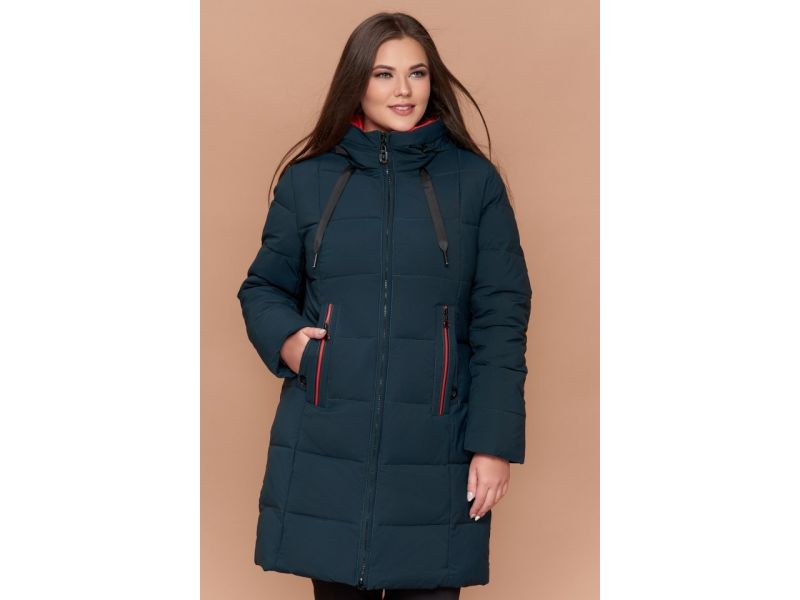 Пуховик большого размера зимний женский темно-зеленого цвета модель 25175, фото 4