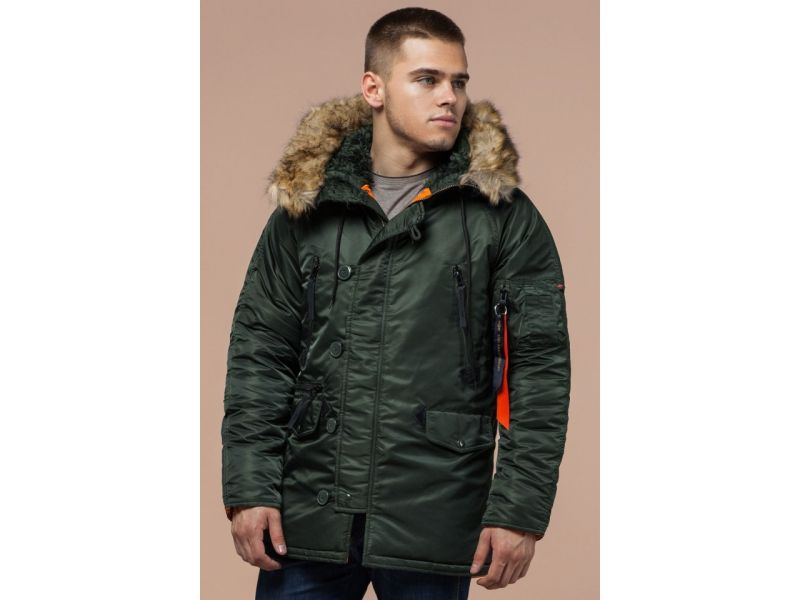Мужская парка прямого силуэта зимняя цвета хаки модель 4137, фото 4