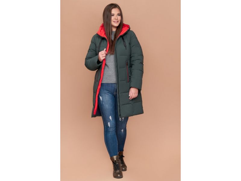 Пуховик женский большого размера серо-зеленого цвета зимний модель 25175, фото 3
